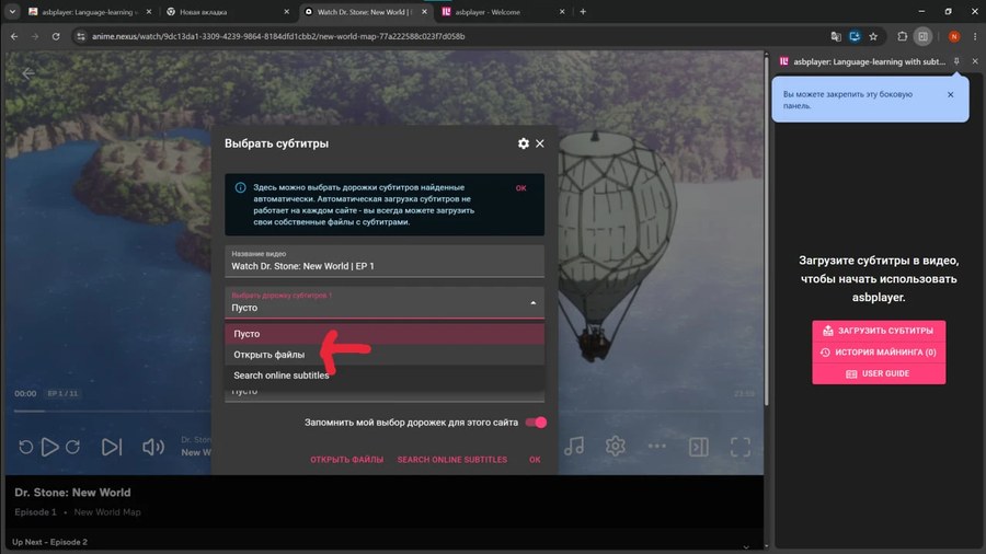 ASBPlayer — выбор файла субтитров